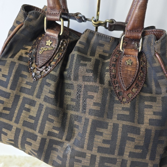FENDI Zucca Etnico Handbag Tote Bag Nylon Canvas Leather Khaki Dark Brown - Picture 3 of 16
